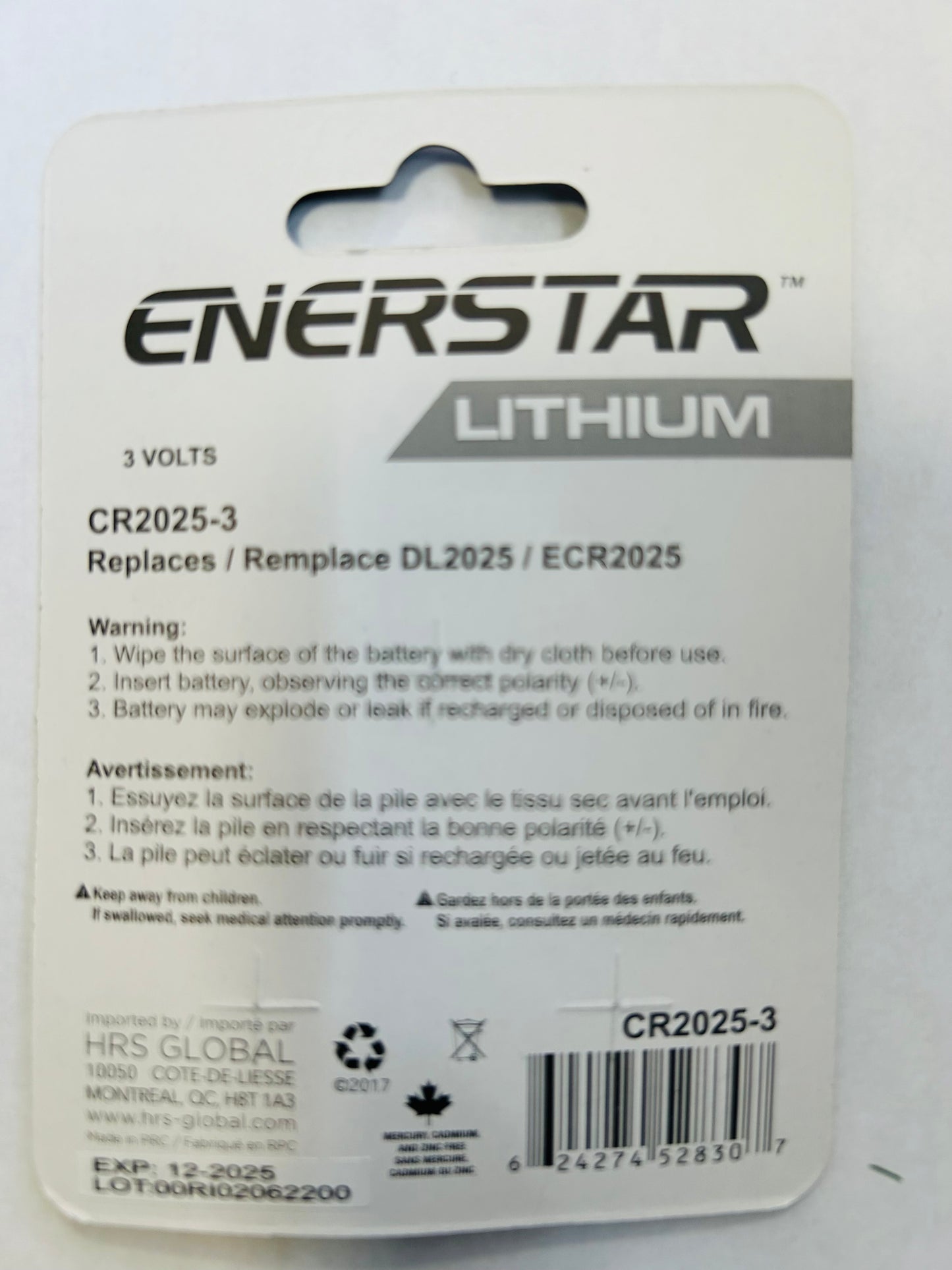 ENERSTAR LITHIUM CR2025 3V BATTERIES 3PK