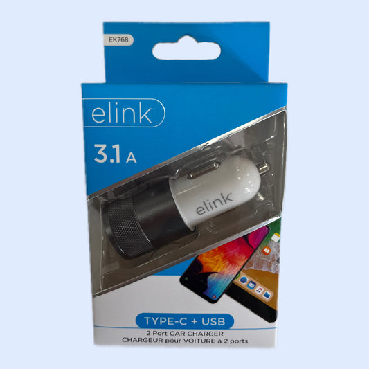 Elink 3.1A Dual Port Car Charger - Type-C & USB Fast Charging