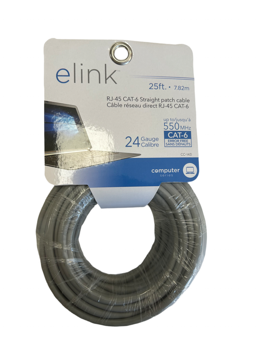 E LINK RJ-45 CAT-6 STRAIGHT PATCH CABLE (Ethernet cable)25 FEET 7.82 M