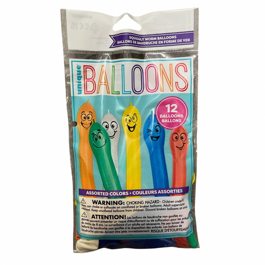 12” Squiggly Worm Balloons - 12 Pack, Assorted Colors