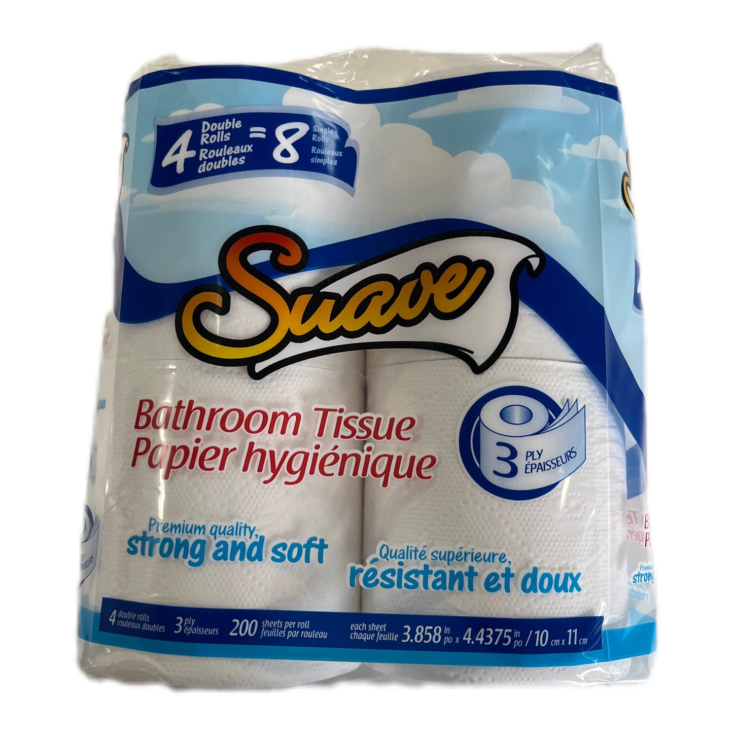 Suave 3-Ply Bathroom Tissue - 4 Double Rolls (Equivalent to 8 Single Rolls)